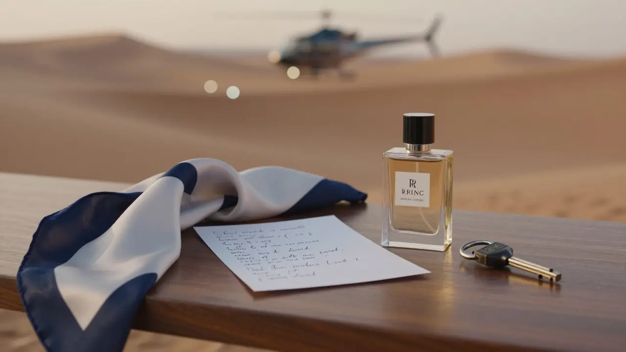 Handwritten poem, perfume, and car key on silk scarf with desert lights blurred behind.