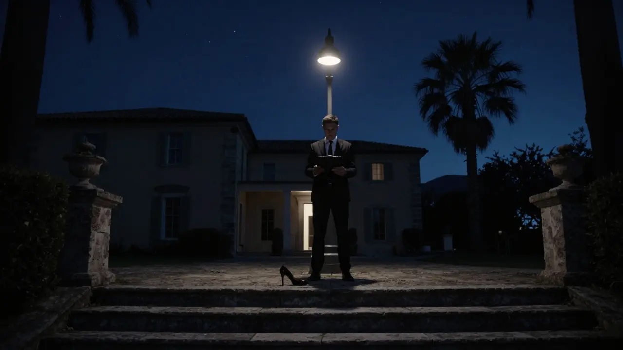 Hidden after-hours villa entrance at 3 a.m., man in black suit with single high heel on steps.