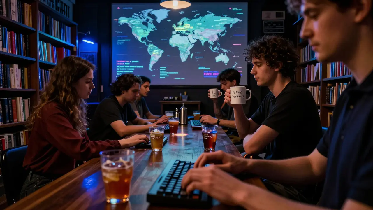 Hidden basement bar with live GitHub activity projected on walls and patrons drinking from pseudocode-labeled glasses.