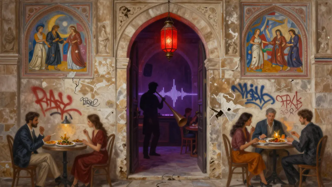 Hidden basement club behind an ancient stone door, blending Ottoman frescoes with modern music and patrons.