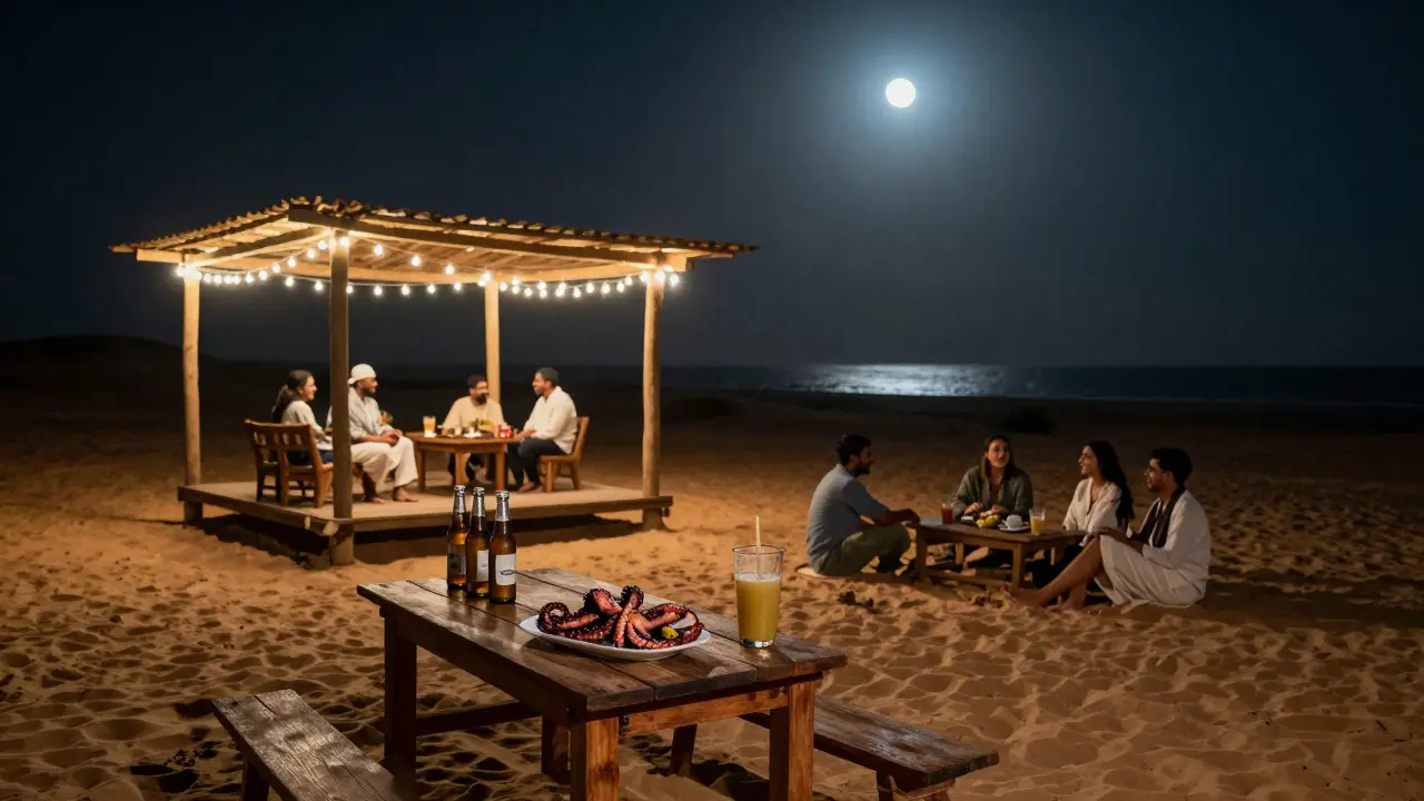 Hidden beach shack at night with food, drinks, and people laughing under moonlight and fairy lights.