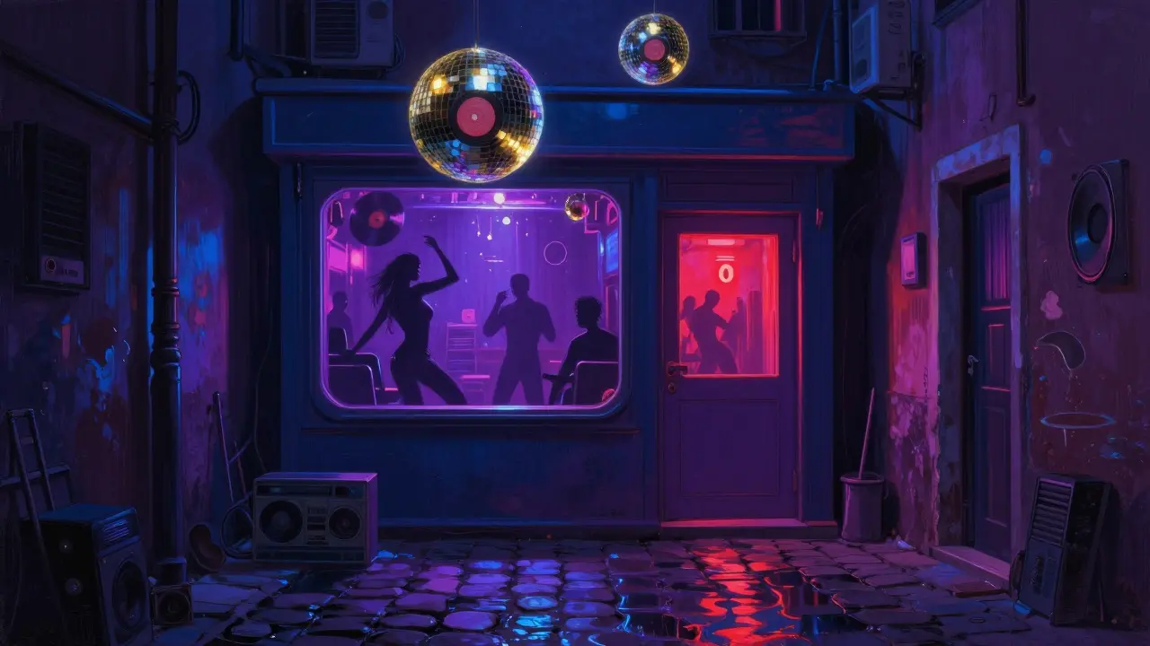Hidden nightclub behind a laundry shop, neon lights glowing on wet cobblestones with dancers inside.