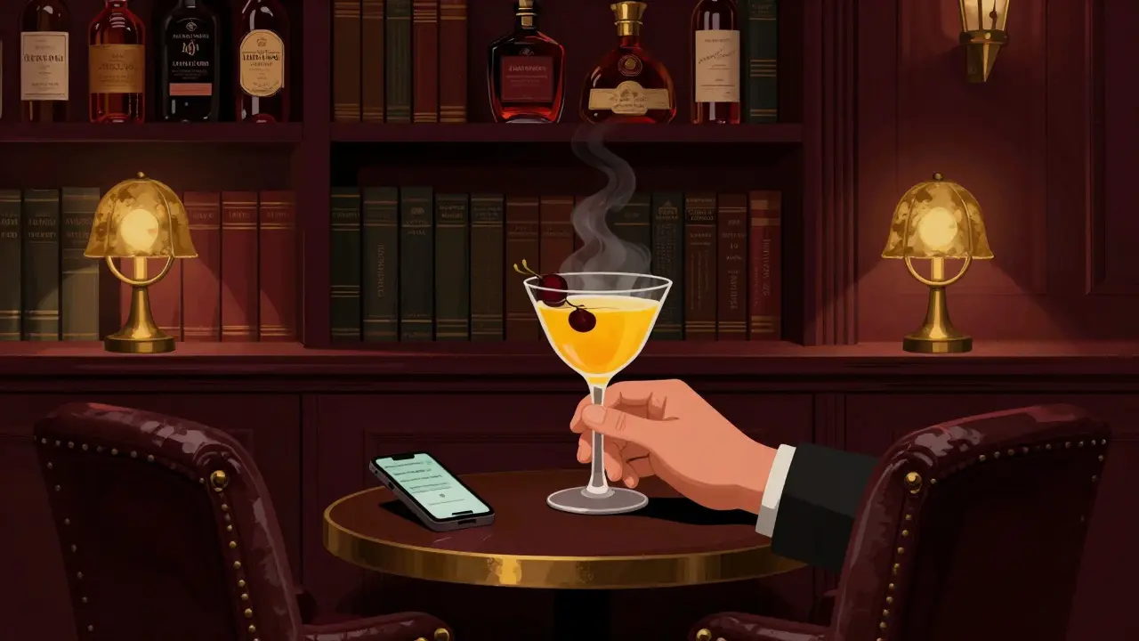 Hidden speakeasy bar 707 Lounge with glowing cocktail and bookshelf entrance in moody lighting.