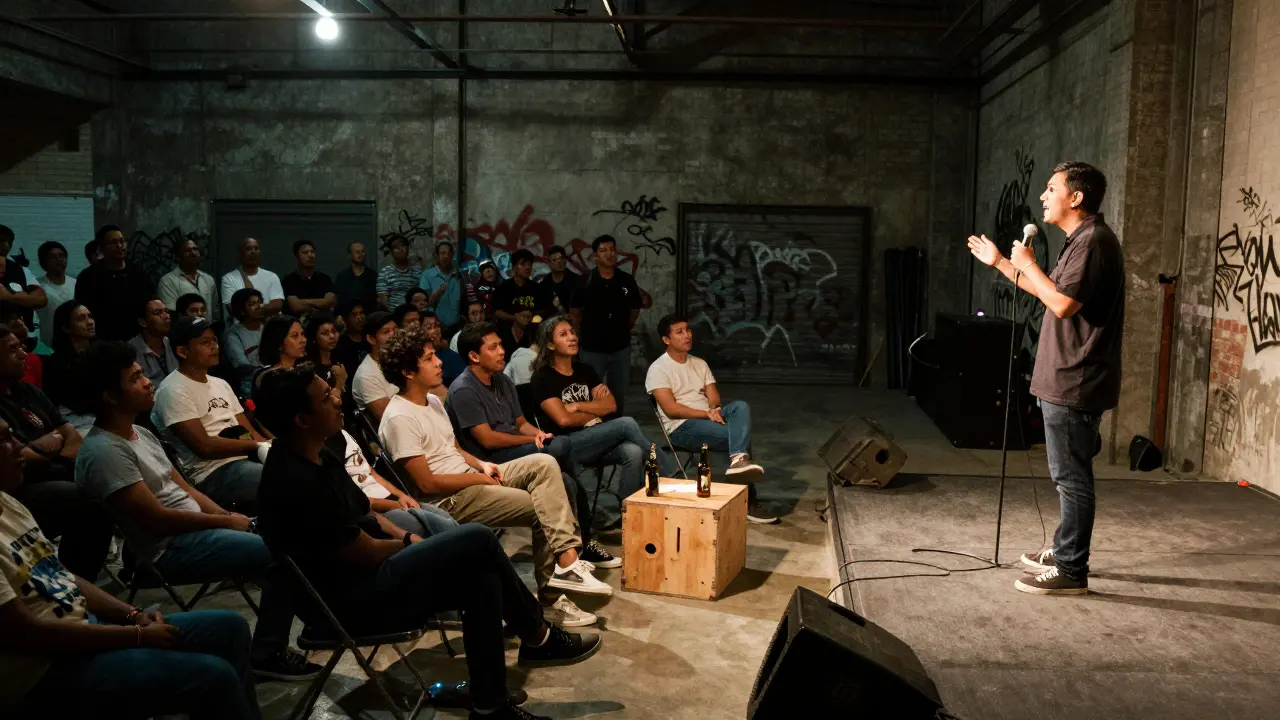 Intimate comedy performance in a warehouse venue with a small crowd and a single spotlight on the comic.