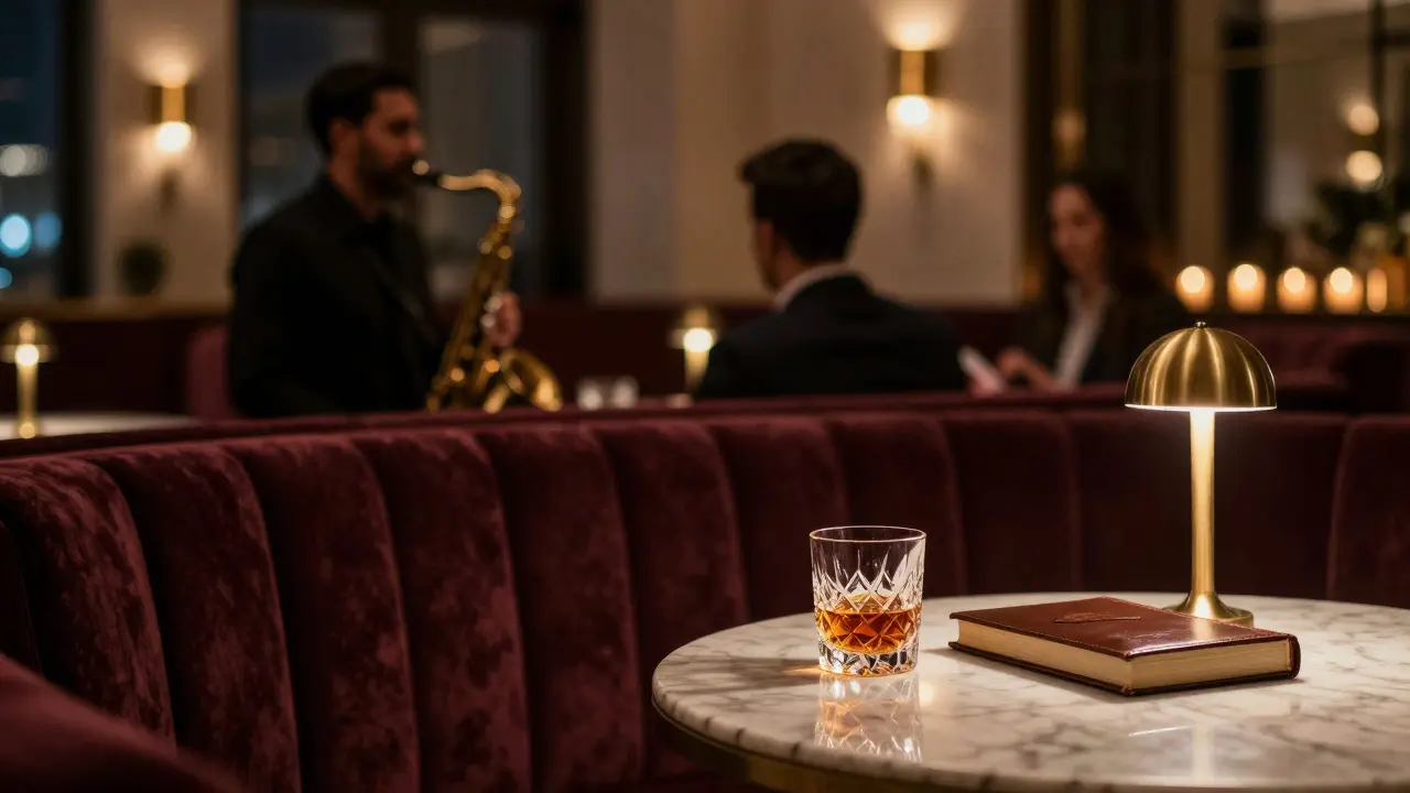 Intimate jazz lounge with velvet booths, dim lighting, and a live saxophonist playing quietly.