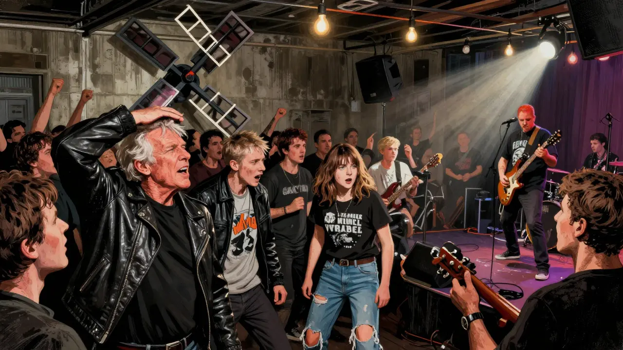 Live punk gig at The Windmill in Brixton with mixed-age crowd headbanging under flickering lights, no VIP area.