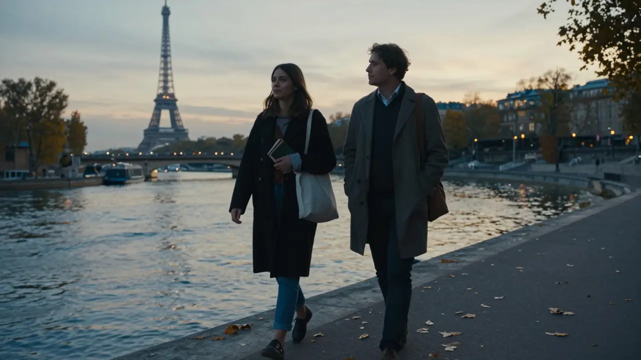 Man and woman walking peacefully along the Seine at sunset with the Eiffel Tower in distance.