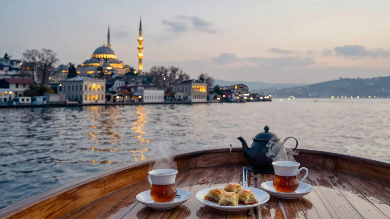 Night cruise on the Bosphorus at dawn, boat passing illuminated mosques, tea and baklava on deck.