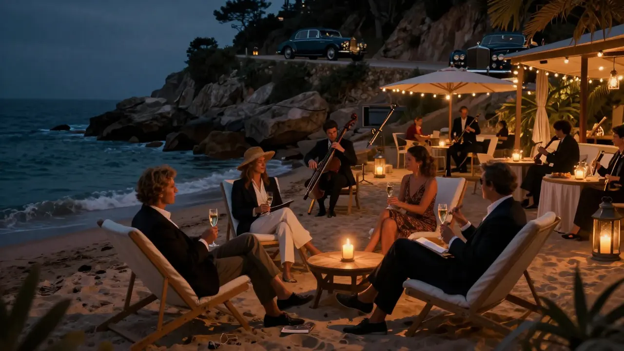 Private beach lounge at Le Club 55 with guests enjoying champagne and jazz under lantern light by the Mediterranean.