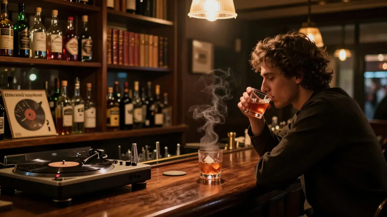 Quiet bar with vintage books and a person drinking an Old Fashioned under soft lamplight.