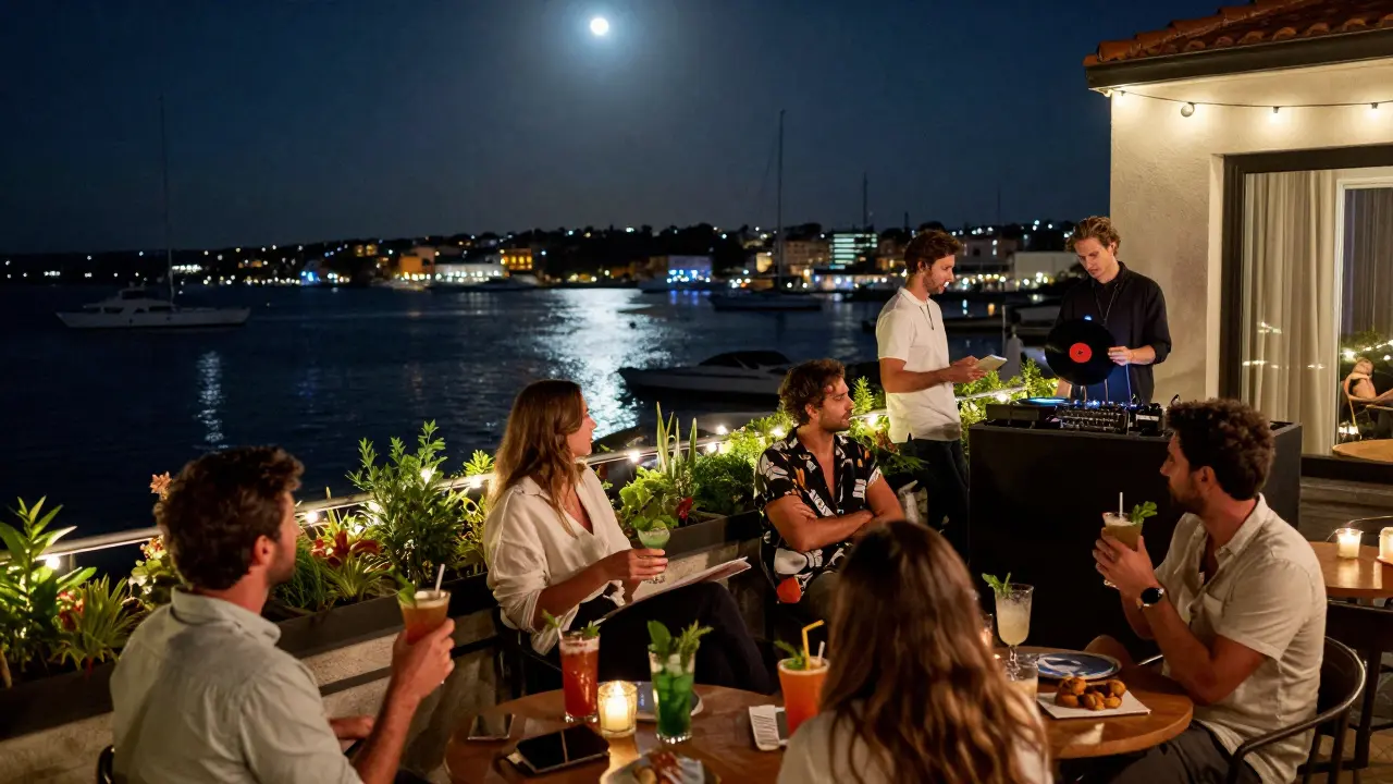 Quiet guests enjoy cocktails on a rooftop at dawn, overlooking Monaco’s harbor with yachts gently bobbing in the moonlight.
