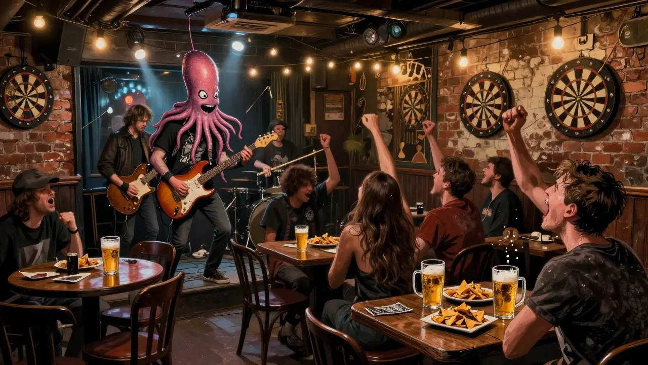 Rock band performing in a gritty pub crowd singing along with raised fists and beer mugs.