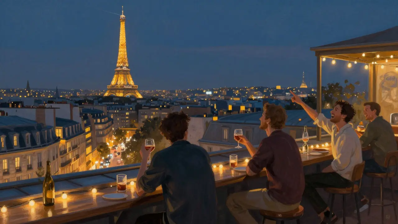 Rooftop bar at night with Paris skyline and Eiffel Tower glowing in the distance