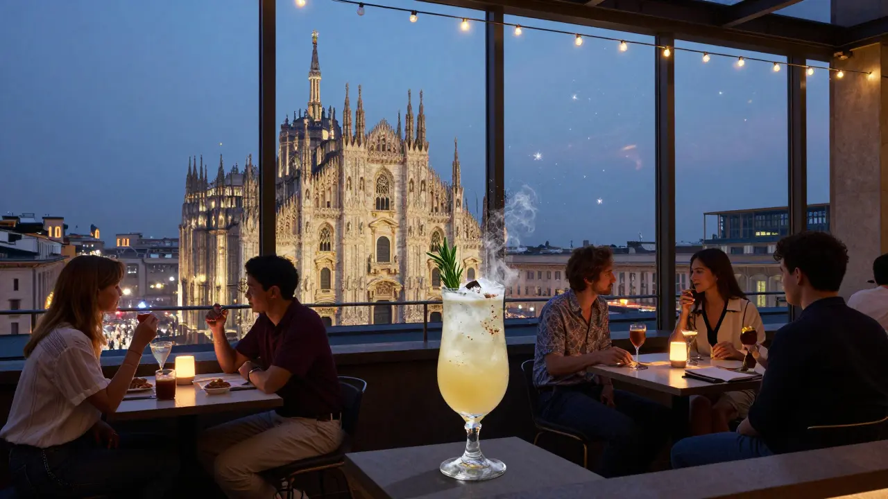 Rooftop bar with city skyline view and guests sipping cocktails under twilight stars.
