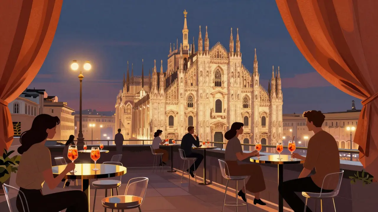 Rooftop bar with views of Milan&#039;s Duomo at dusk, guests sipping cocktails under soft lights.