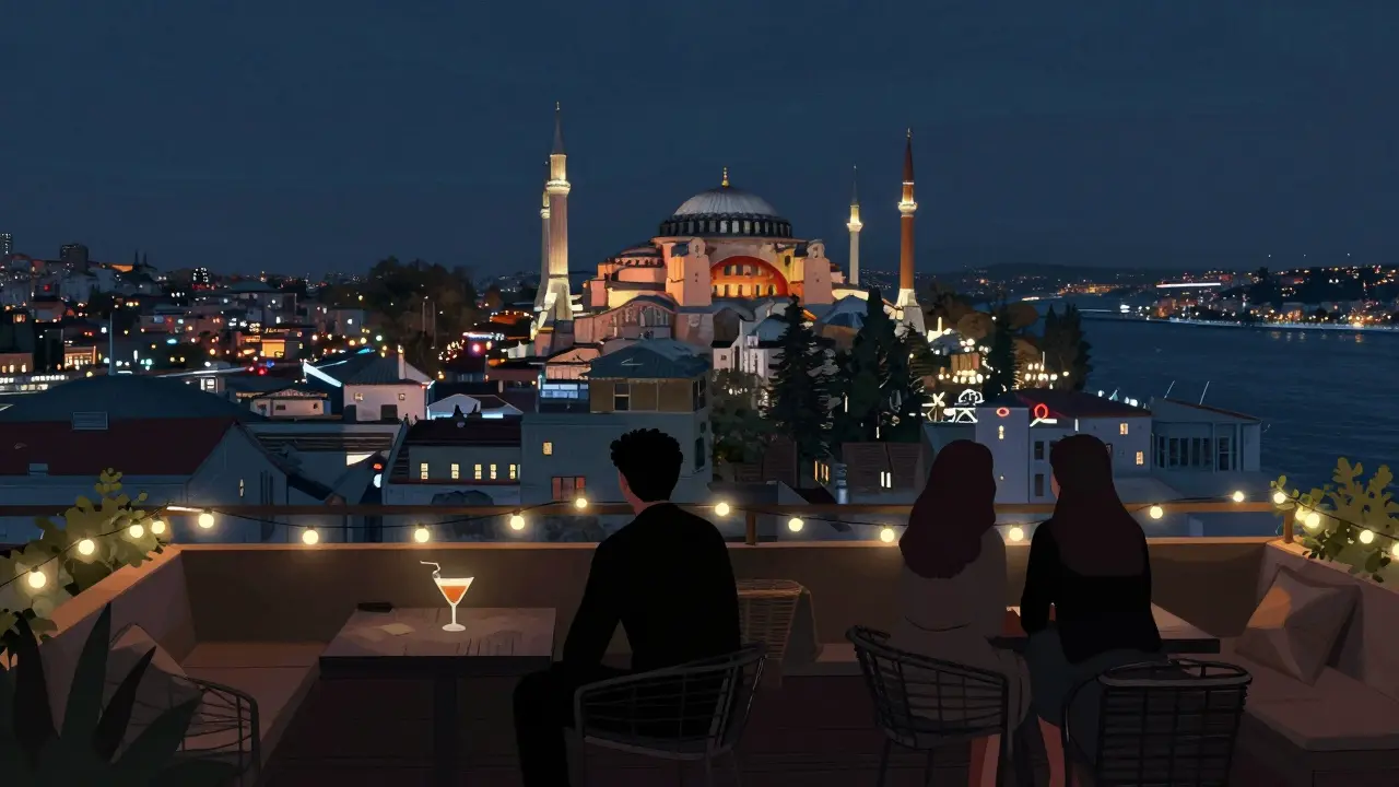 Rooftop lounge at 360 Istanbul with panoramic city lights, couples silently enjoying the view under string lights.