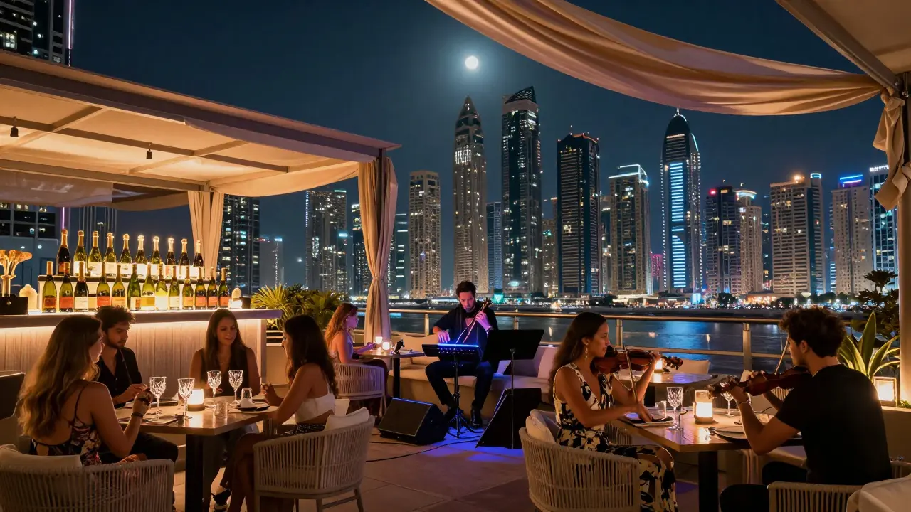 Rooftop lounge overlooking Dubai Marina at night, live orchestra performing as guests enjoy champagne under open skies.
