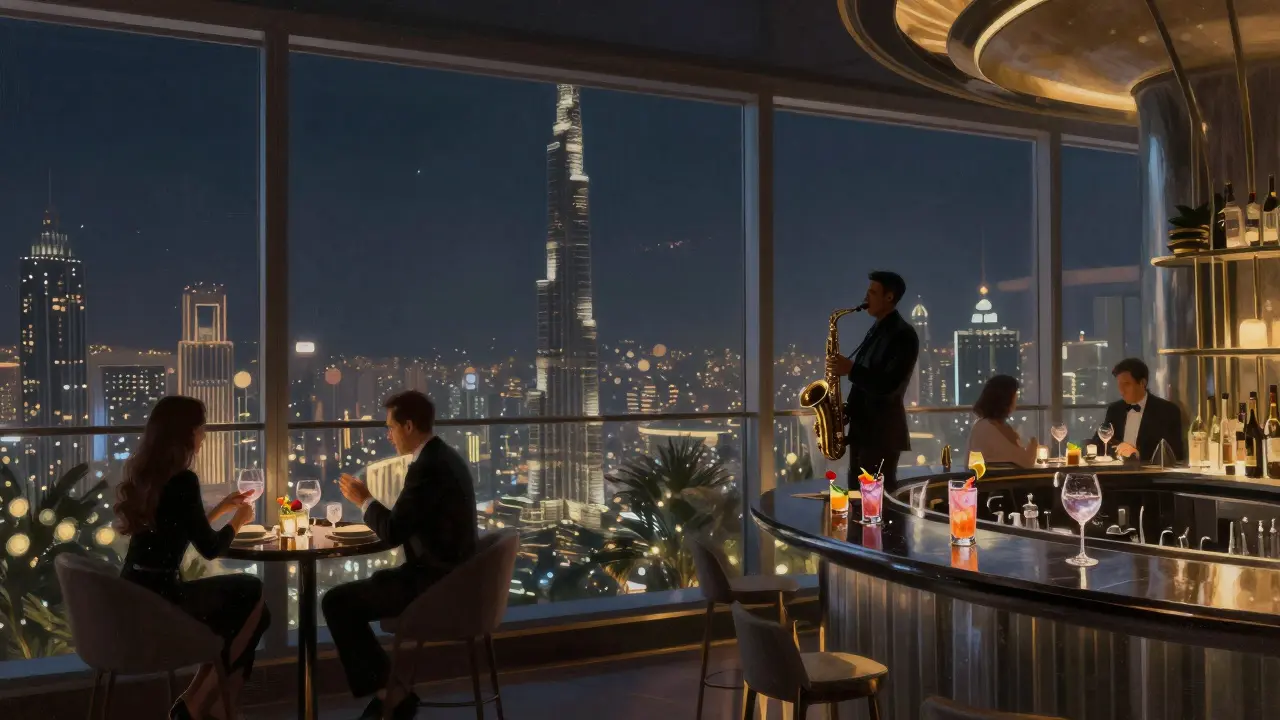 Rooftop lounge with saxophonist silhouetted against Burj Khalifa, city lights glowing below.