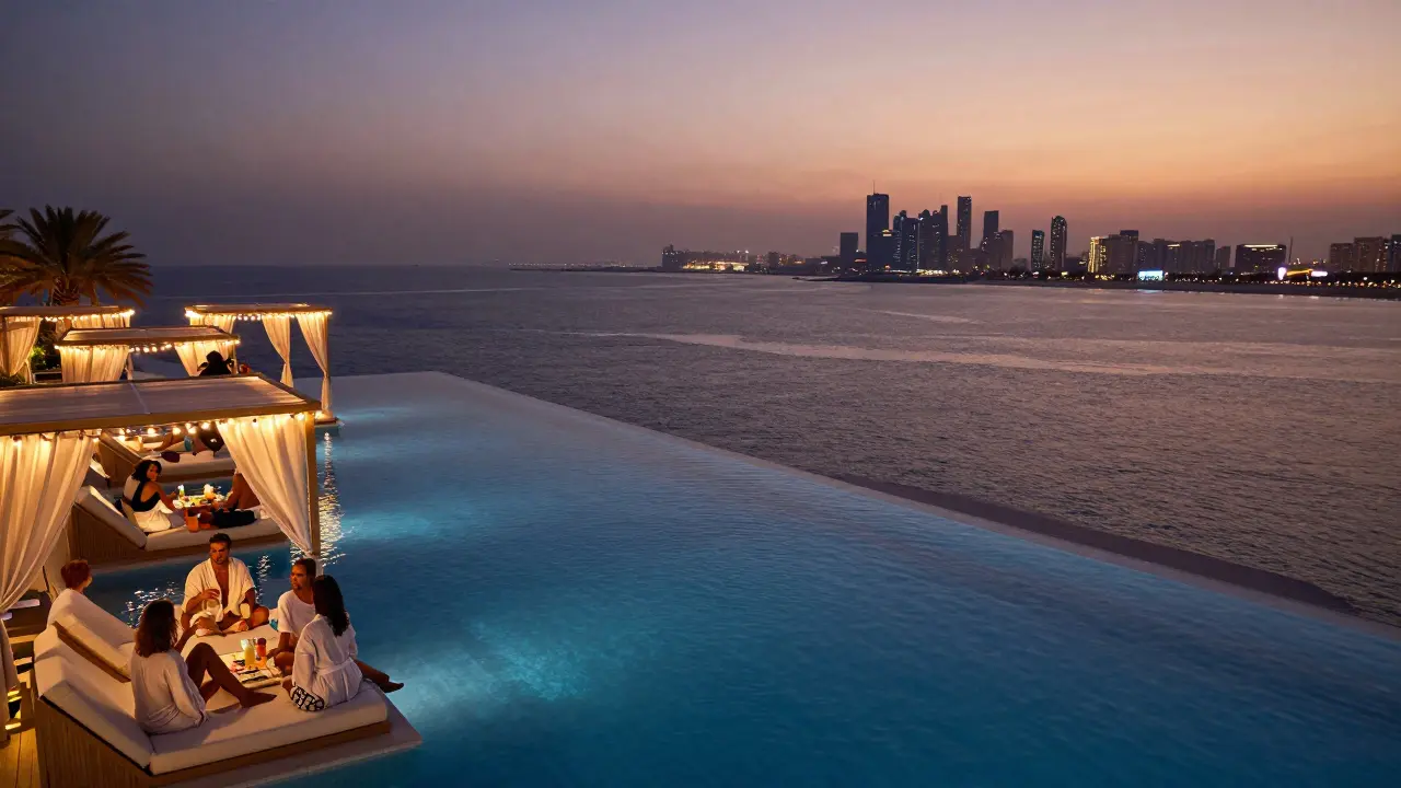 Rooftop pool deck at twilight with string lights, cabanas, and infinity pool blending into the ocean.