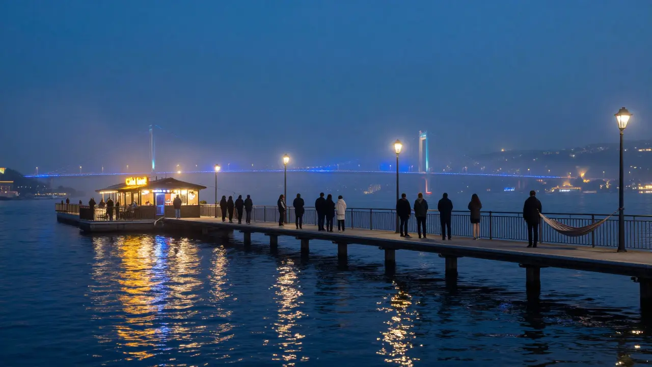 Silent crowd on the Bosphorus Bridge at 2 a.m., lights reflecting on water, no photos, only stillness.