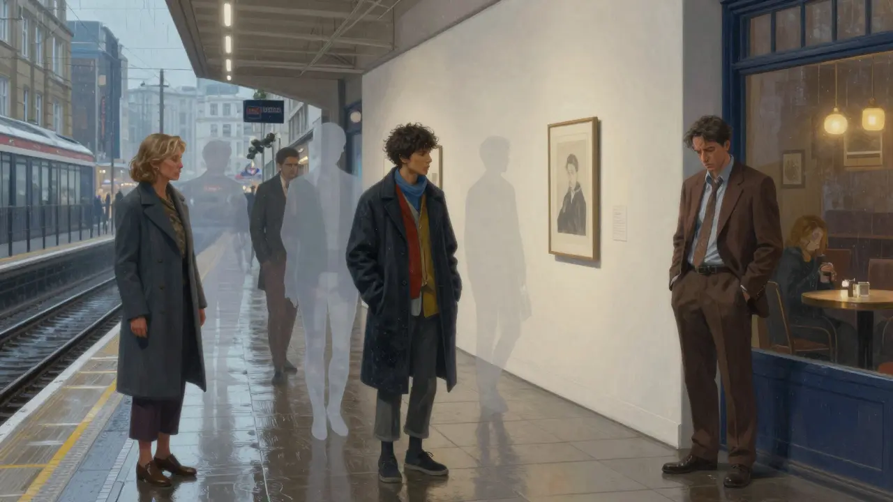 Silhouettes of compassionate figures appear above lonely Londoners in urban settings.