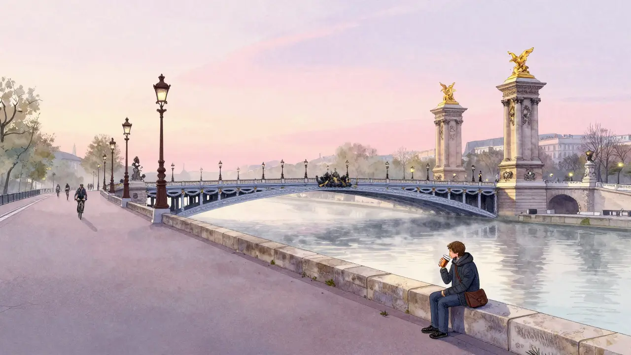 Solitary figure sitting on a bridge at dawn, reflecting the sunrise over the Seine.