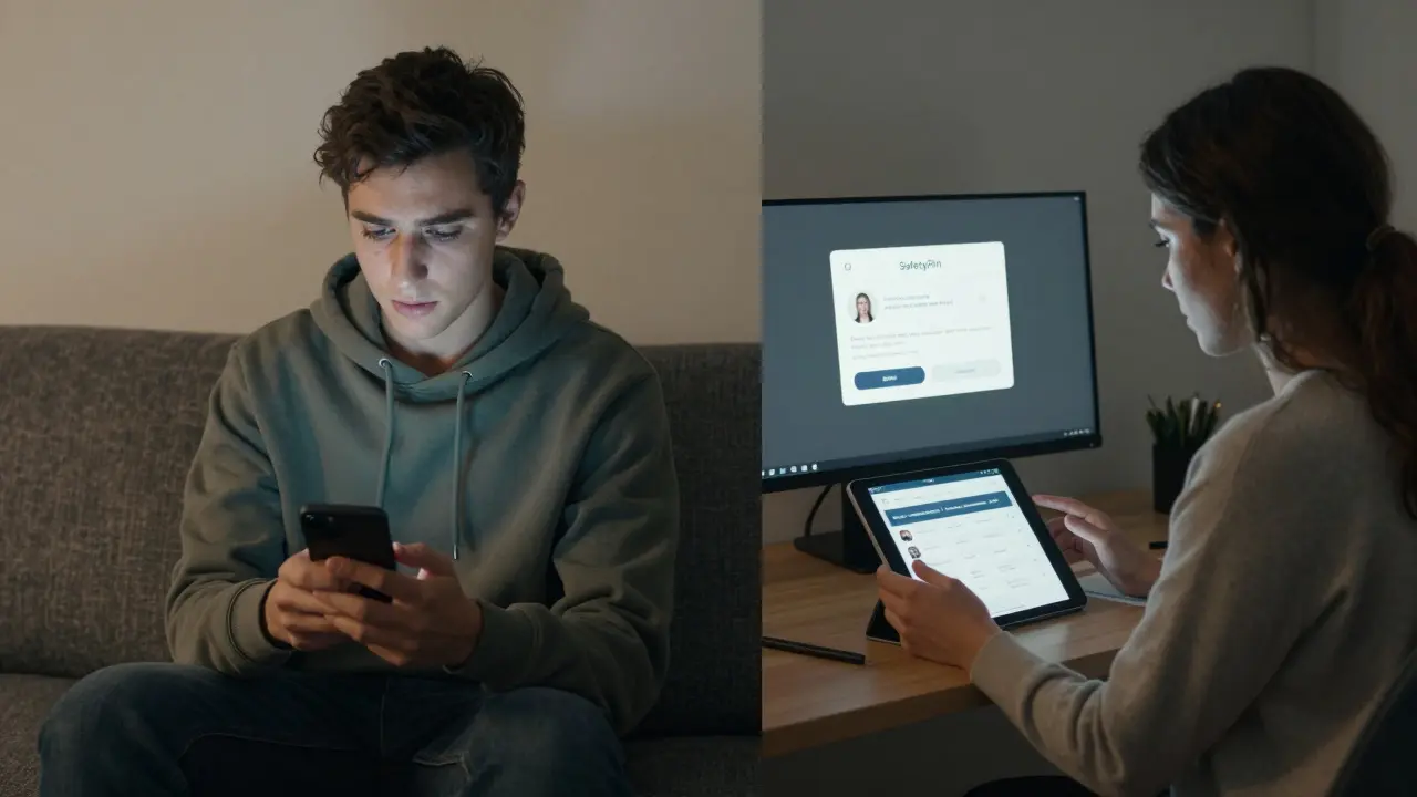 Split scene showing client using recording app and escort verifying client profile on tablet.