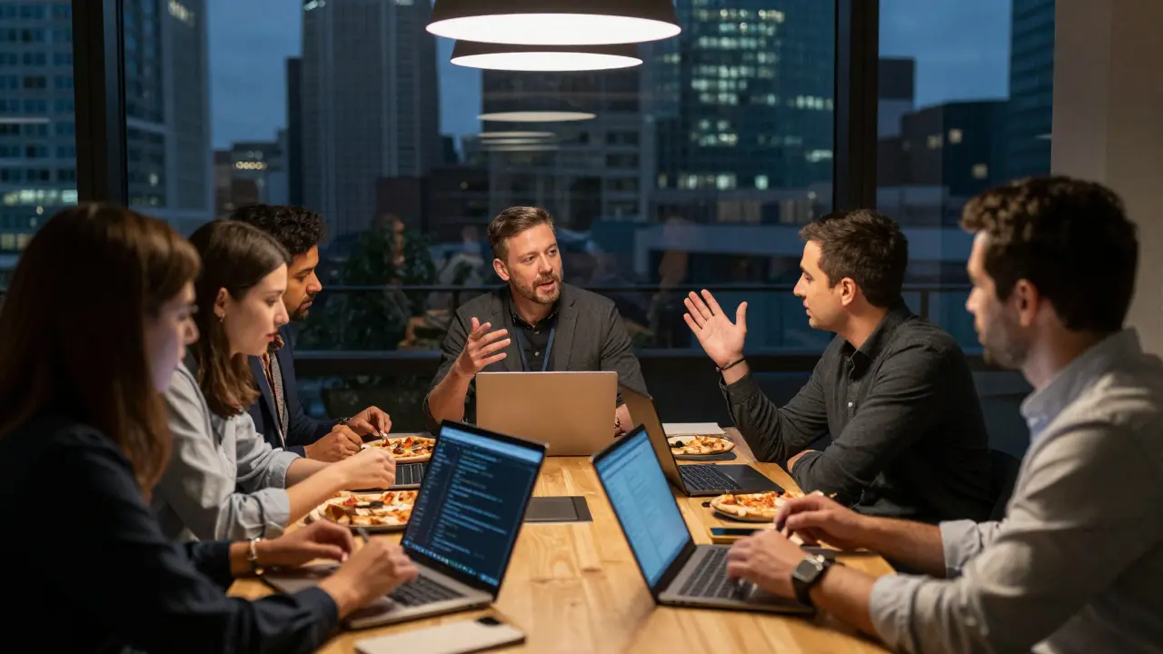 Tech professionals chatting casually over pizza at Level 39, laptops open showing code.