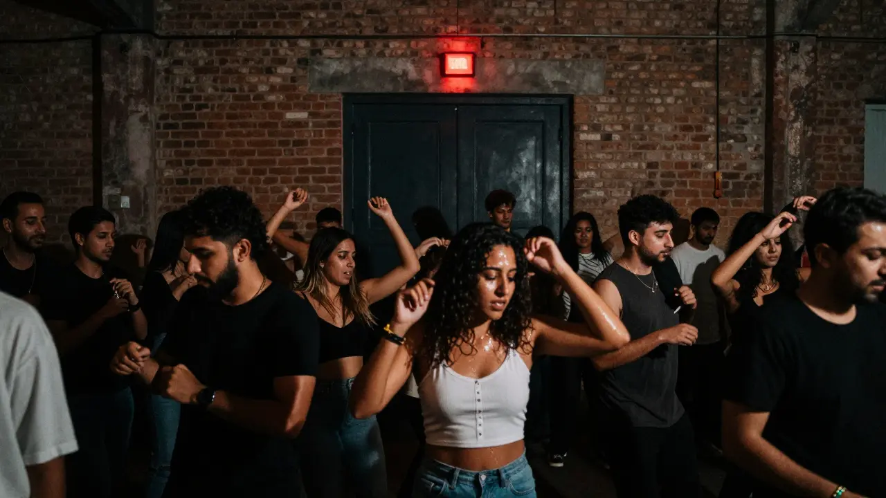 The Waiting Room underground club in Alserkal Avenue, crowded with dancers under red light and strobes in an industrial warehouse.
