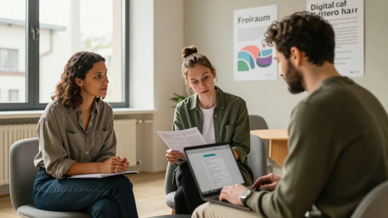 Three people in a support center, exchanging advice in a calm, well-lit room with 'Freiraum' posters.