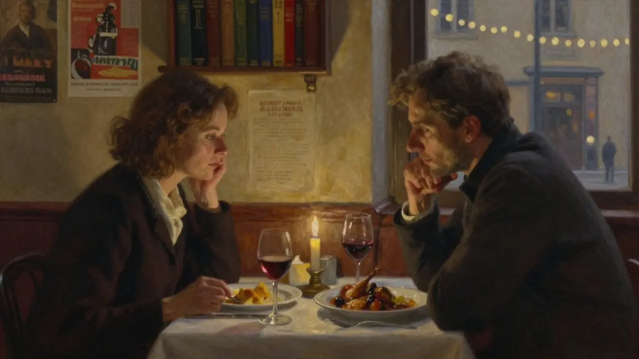 Two figures share a quiet candlelit dinner in a hidden Paris bistro, connected by body language and shared silence.