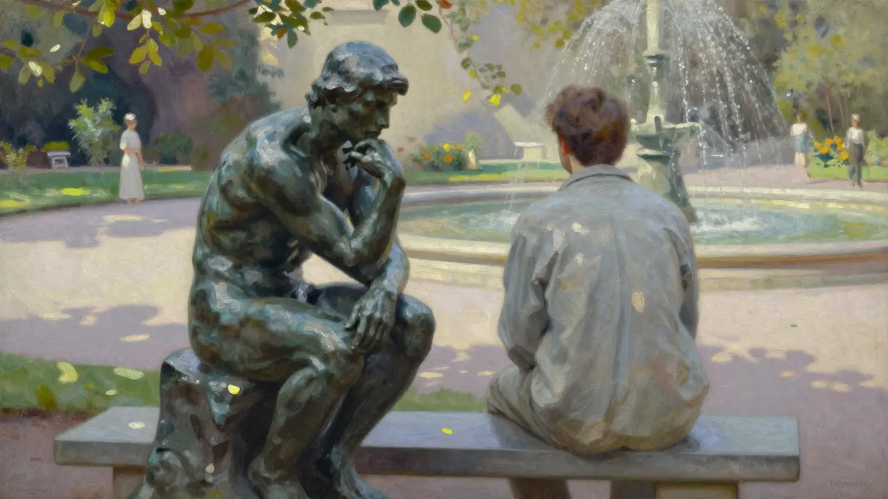 Two figures sitting in silence on a museum bench, overlooking a garden fountain.