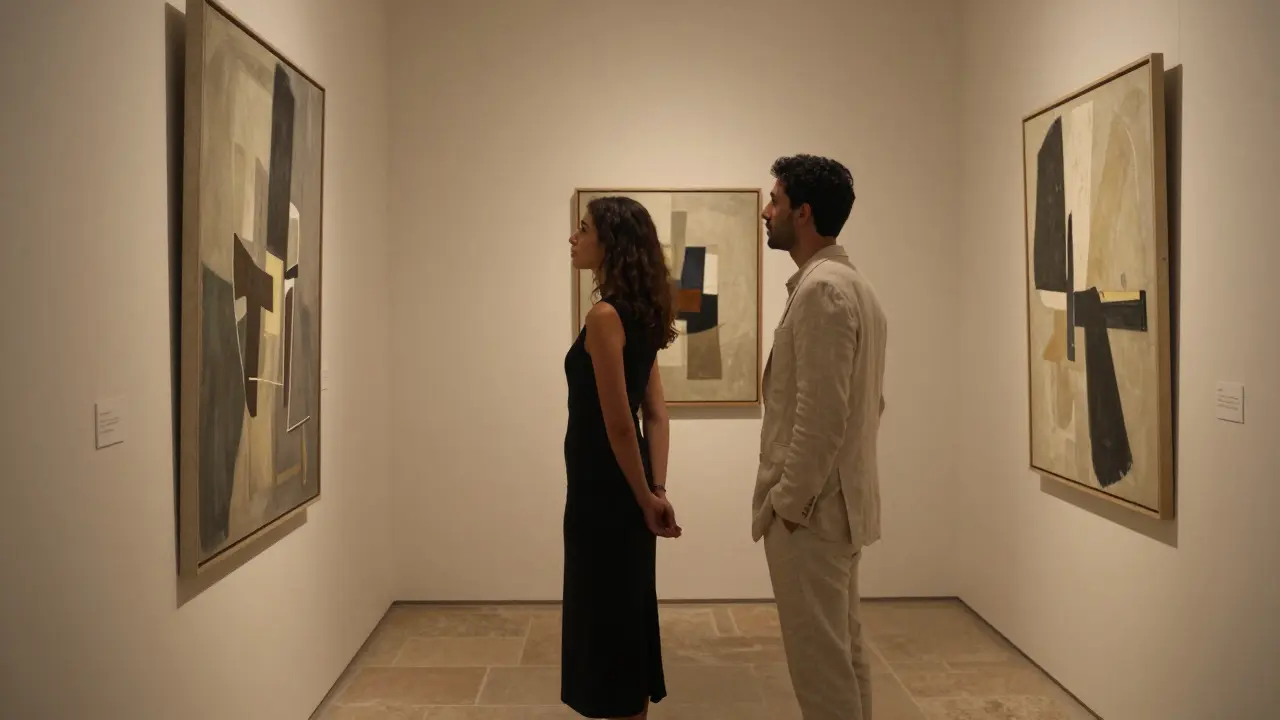 Two individuals silently appreciating abstract art in a dimly lit gallery, conveying connection without words.