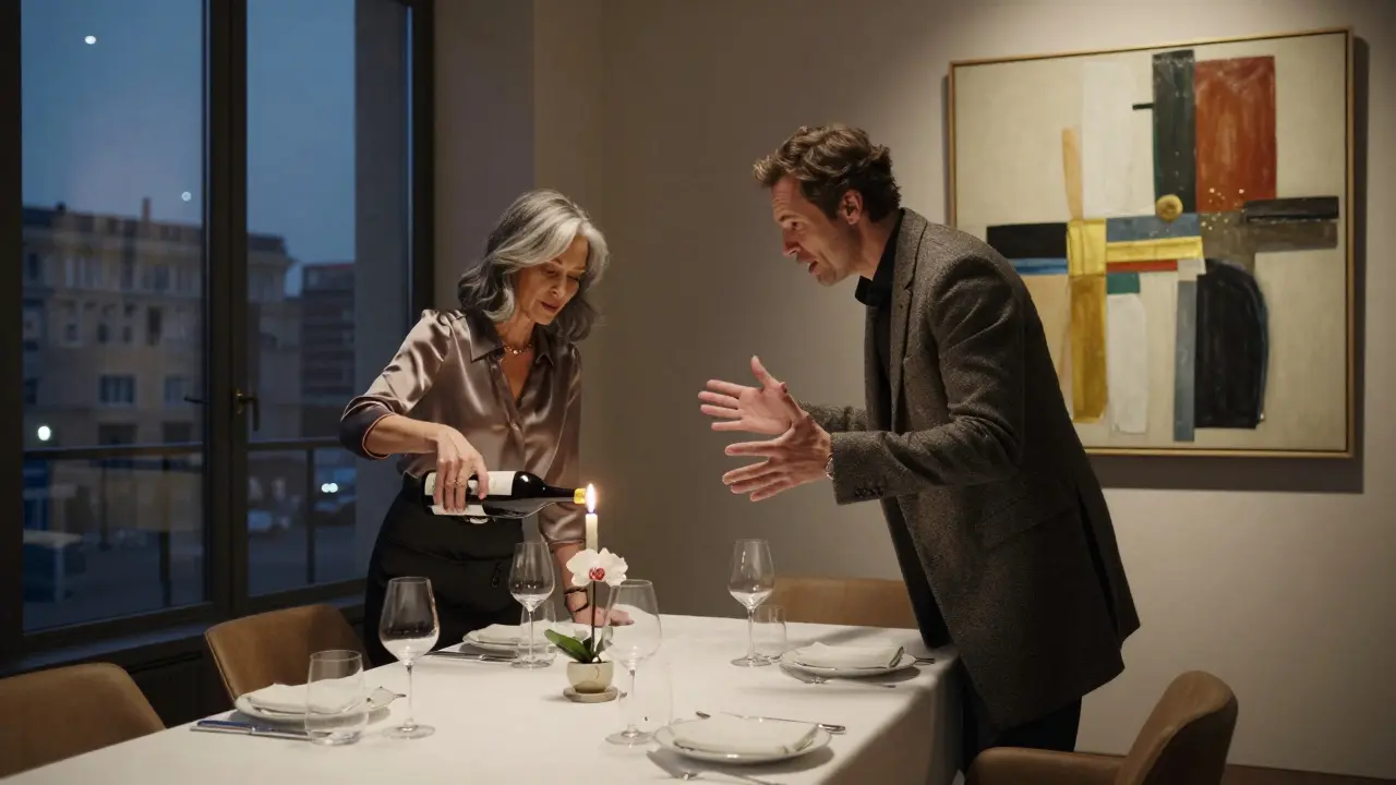 Two people dining in an elegant Berlin restaurant, engaged in quiet conversation beside contemporary art.
