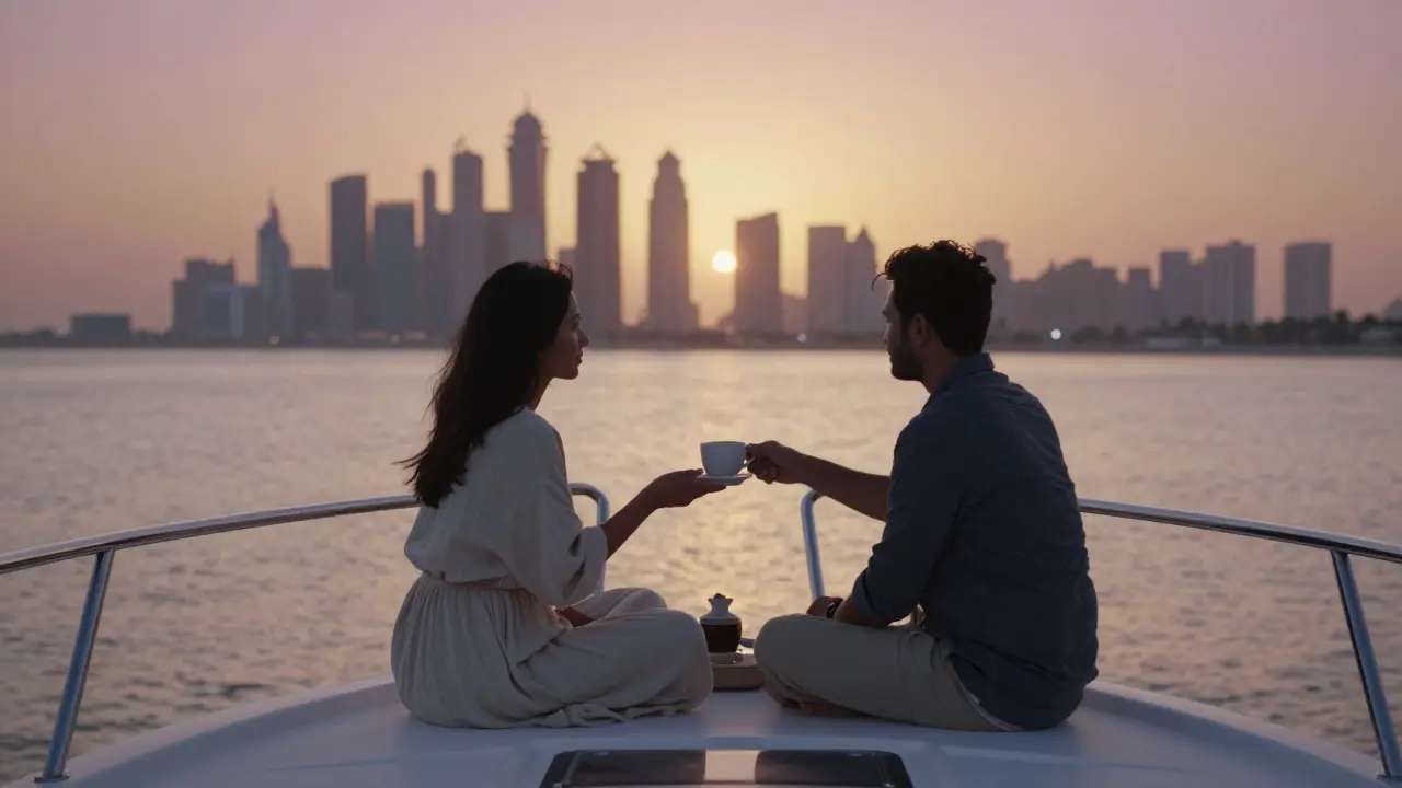 Two people on a sunset yacht in Dubai, sharing coffee in quiet companionship against the glowing skyline.
