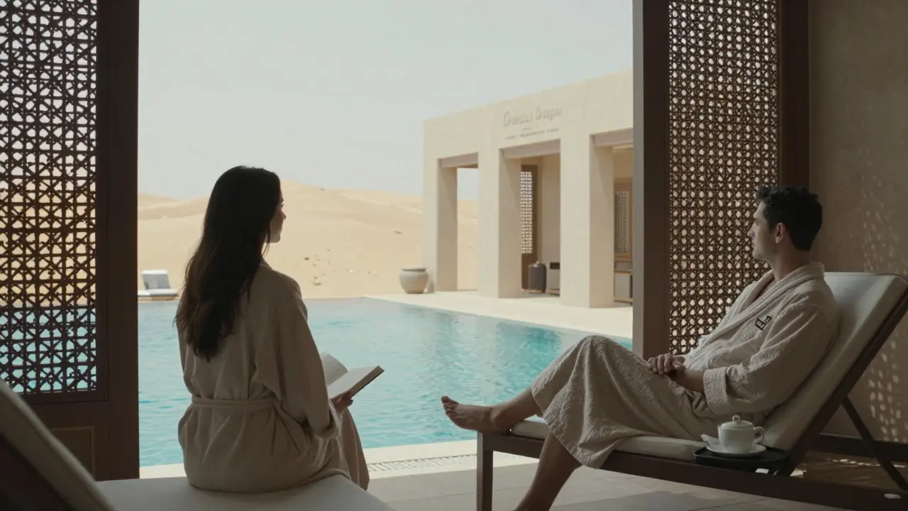 Two people relax peacefully in a luxury spa by a tranquil pool, surrounded by desert architecture.