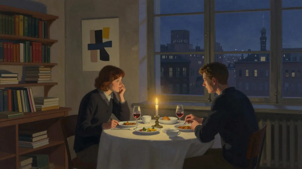 Two people share a quiet dinner by candlelight in a historic Berlin warehouse, surrounded by books and soft ambient light.