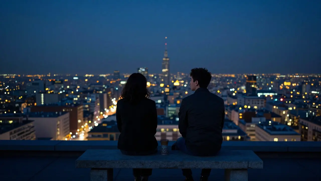 Two people sit in quiet contemplation on a rooftop overlooking Milan's glittering city lights at night.