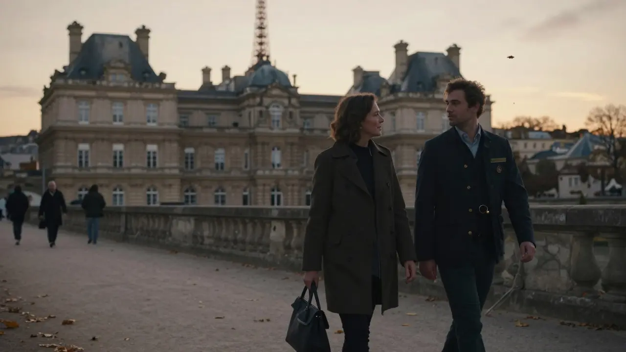 Two people walking peacefully along the Seine at sunset, engaged in thoughtful dialogue.