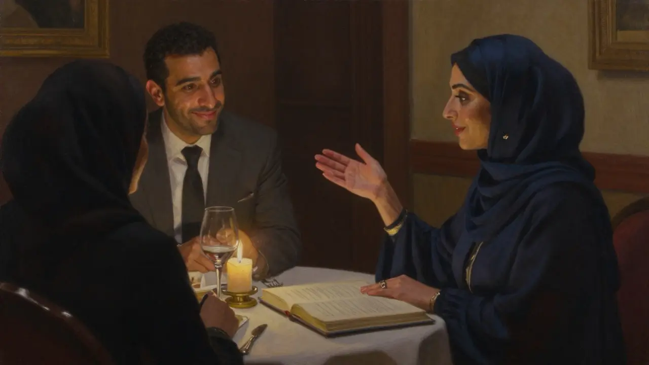 Two silhouettes share a quiet candlelit dinner in a luxurious private room, with a book of poetry on the table.