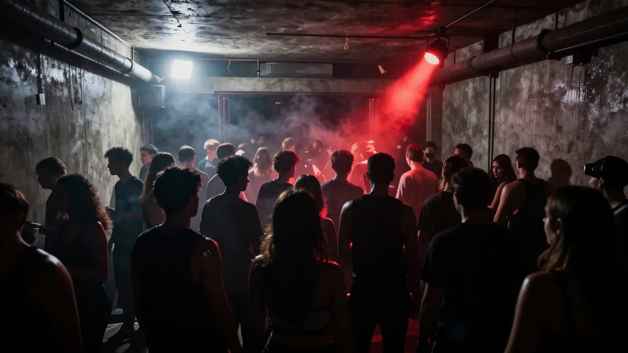 Underground techno club with silhouetted crowd dancing in smoke under industrial lights