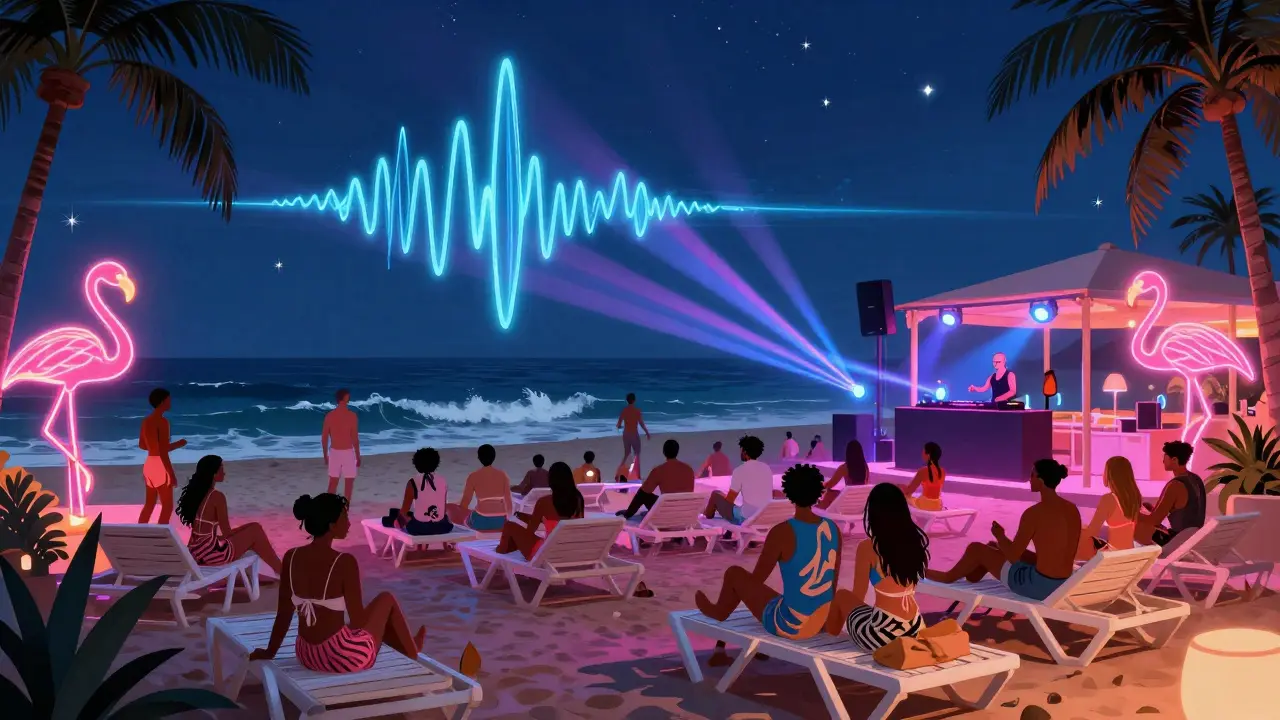 Vibrant beach club at night with neon signs, dancing crowd, and ocean backdrop.
