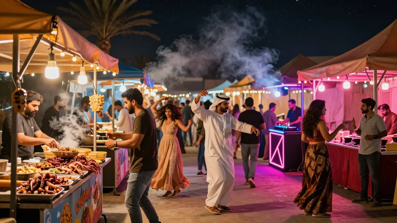 Vibrant Yas Bay Night Market with food stalls, dancing crowds, and neon-lit entertainment under stars.
