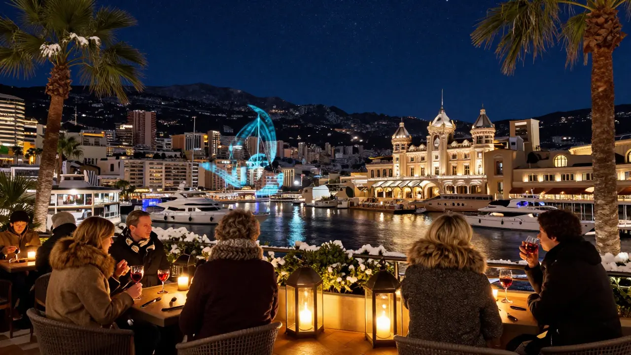Winter terrace in Monaco with guests sipping mulled wine under starry skies and light projections.