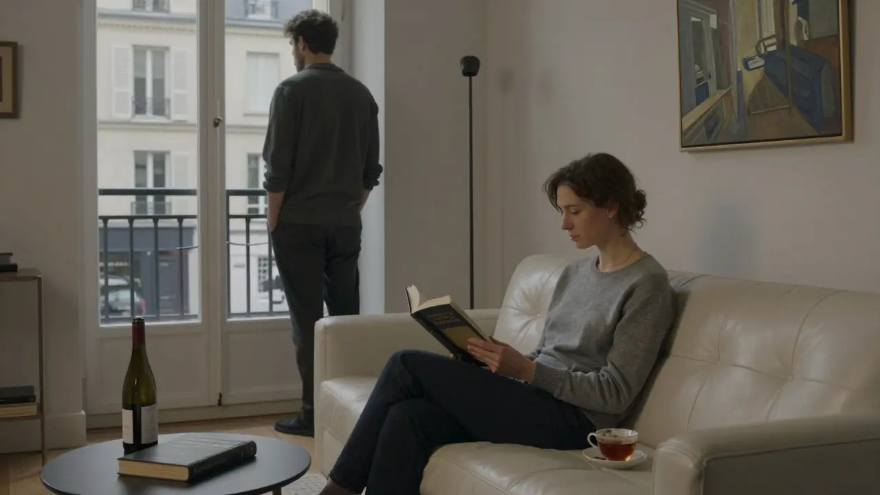 Woman reading quietly in a tasteful Paris apartment with lamplight and books nearby.