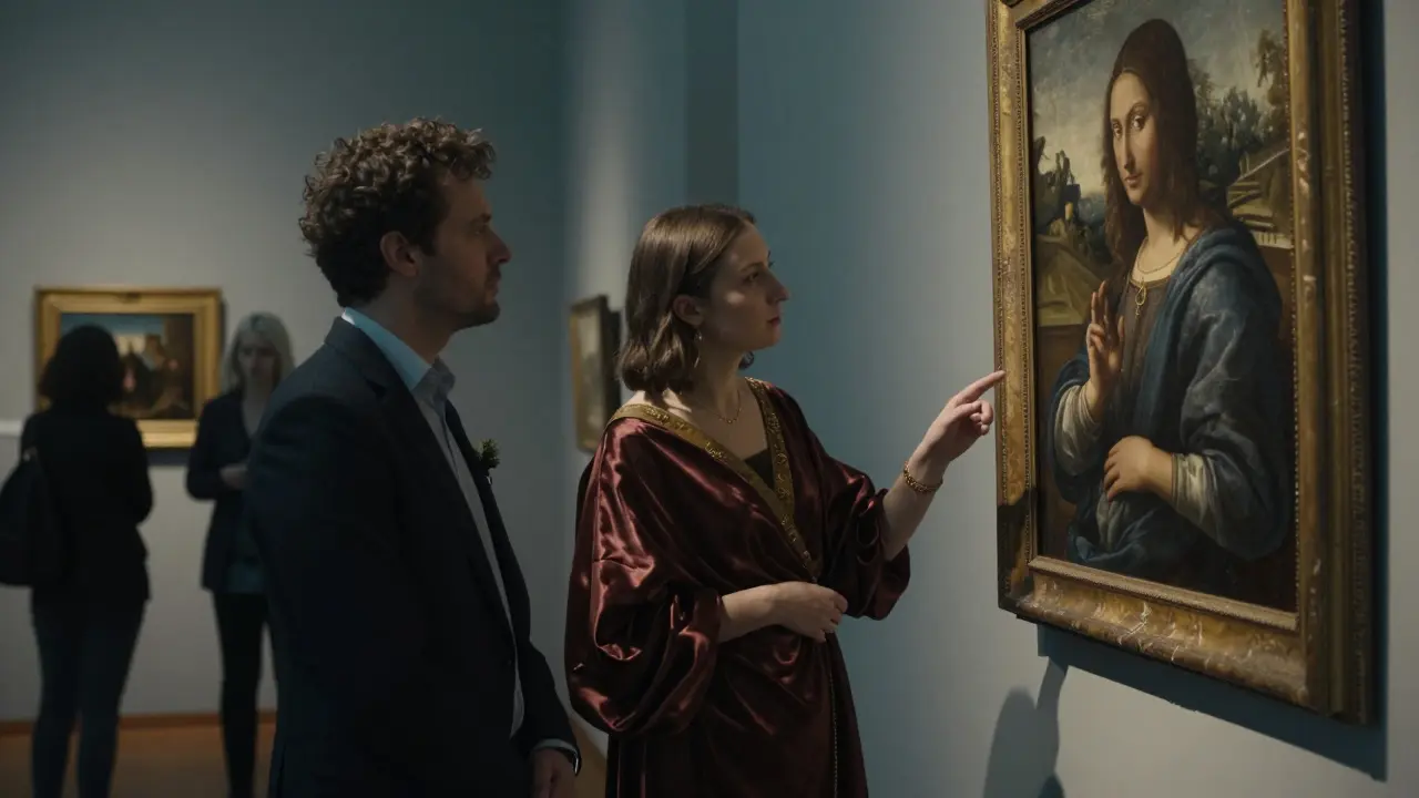 A client and companion contemplate a Renaissance painting together in a quiet Brera gallery.