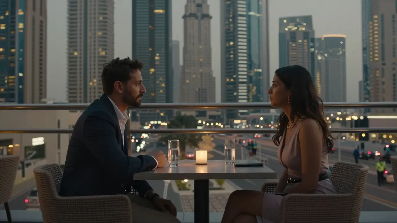 A couple having quiet conversation on a Dubai rooftop lounge with city lights in the background.
