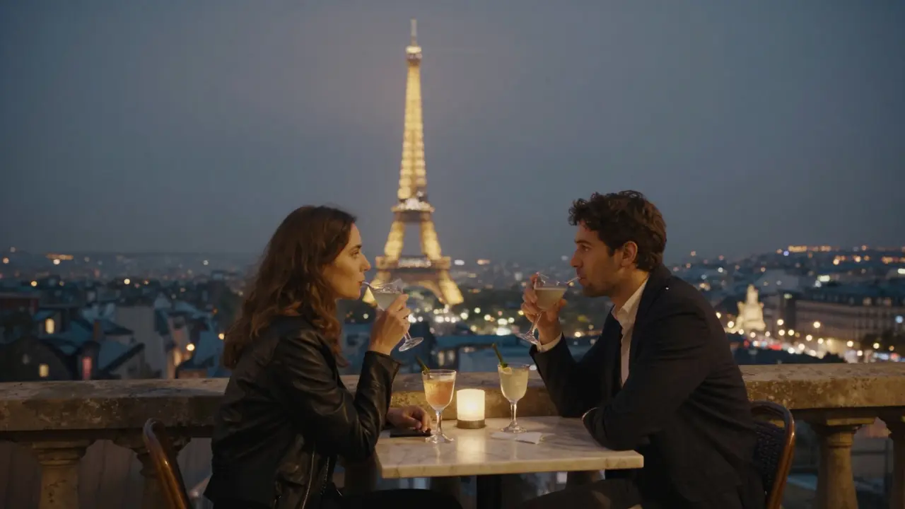 A couple sipping cocktails on a quiet rooftop with panoramic views of Paris at night.
