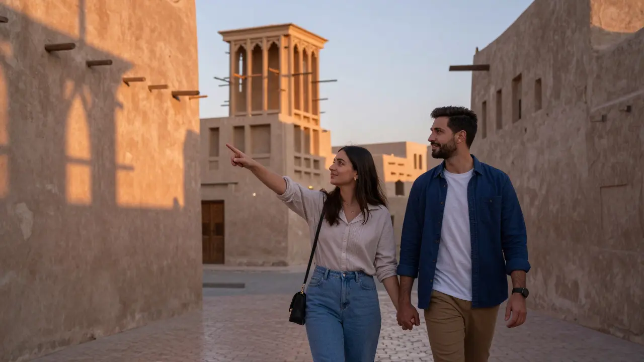 A couple walking through the historic Al Seef district at sunset, exploring together.