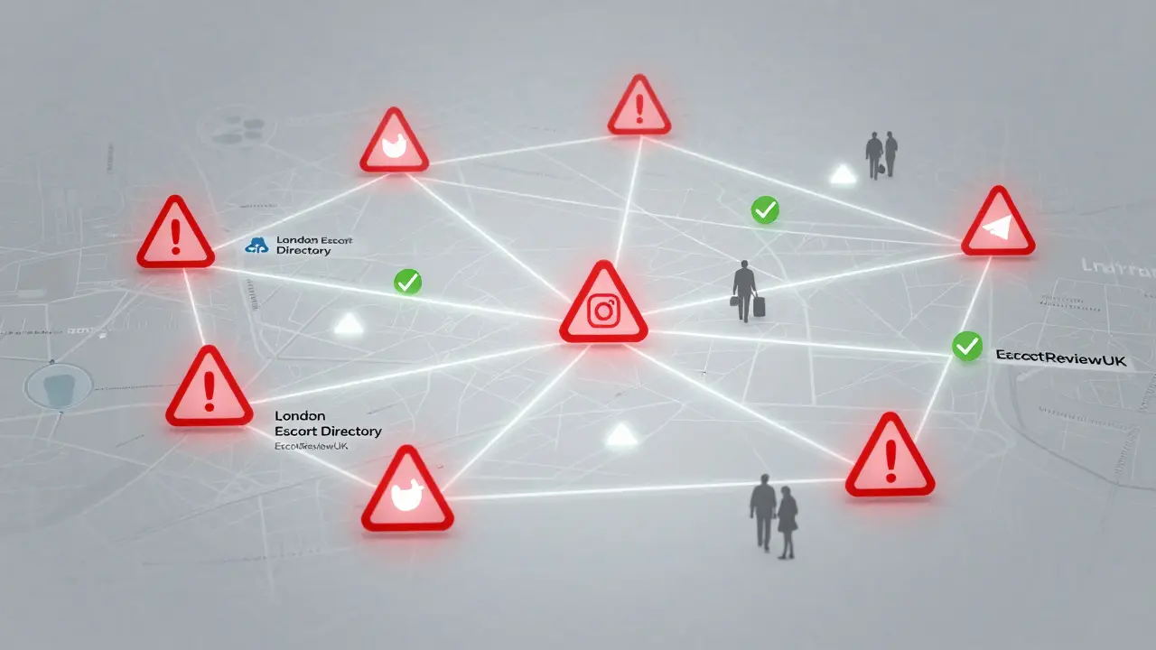 A digital map of London with warning symbols over social media apps and verified checkmarks over safe escort platforms, symbolic and cautionary.